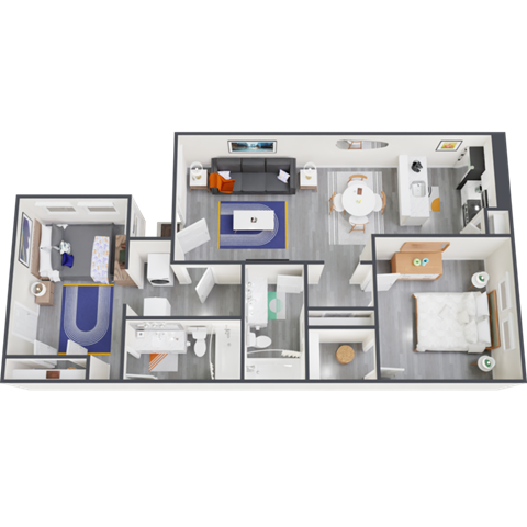 a floor plan with a lot of furniture and a black background